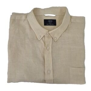 1901 Shirt Mens 2XL Yellow Linen Trim Fit Short Sleeve Button Up Summer‎ Pocket